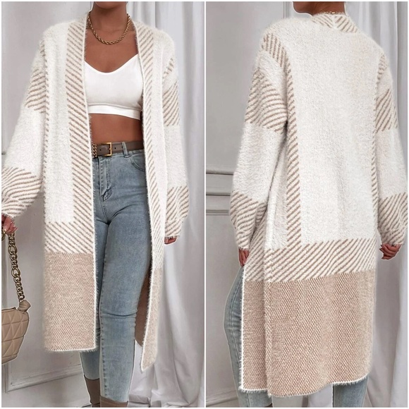 Cozy Color Block Stripes Fuzzy Open Front Cardigan - Picture 4 of 12